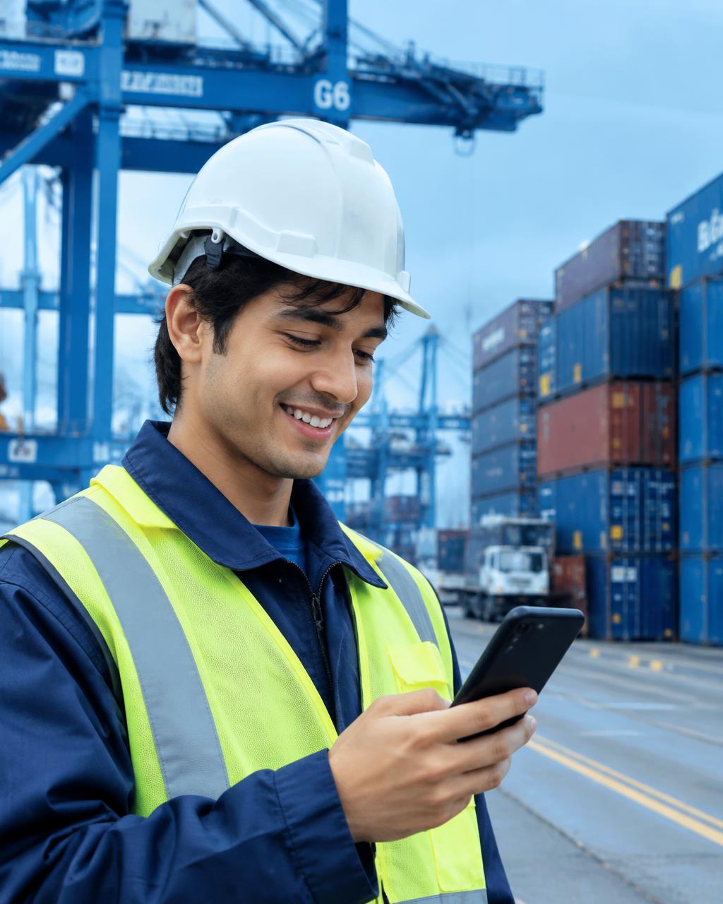 Trabajador portuario mirando su celular